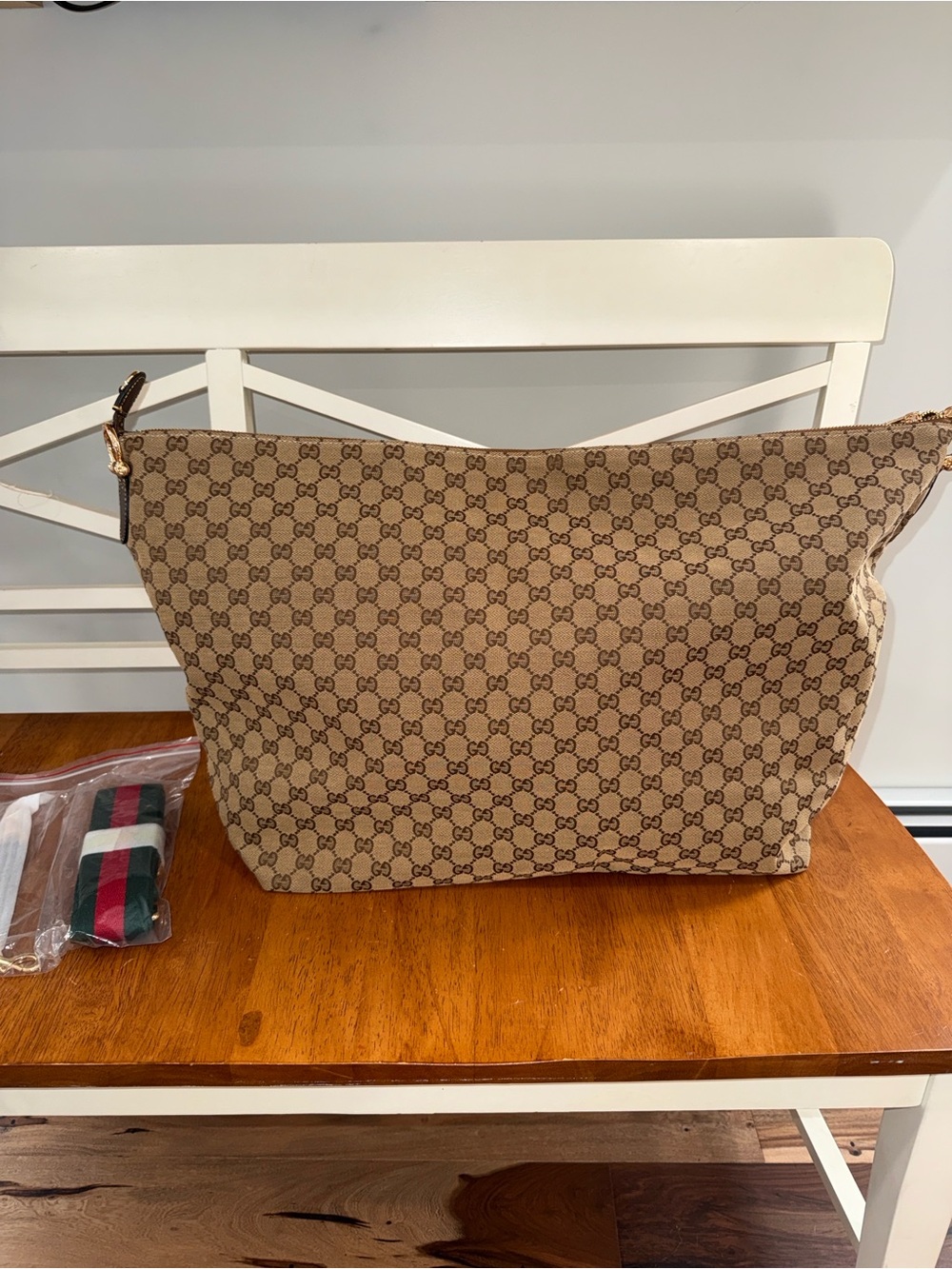 Monogram Canvas Travel Tote in Beige with Detachable Striped Strap